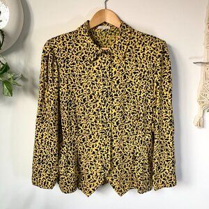 Vintage Silk Animal Cheetah Leopard Print Silk Blouse Long Sleeve Witchy Fairy